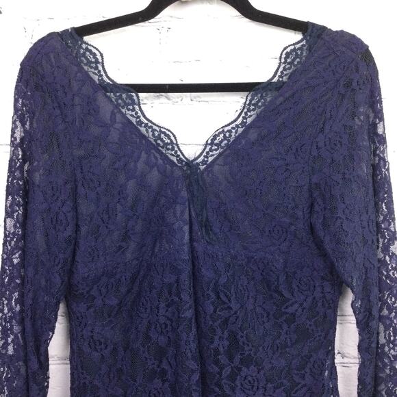 XJF.MC Whimsigoth Navy Feminine Romantic Lace Long Sleeve Knee Length Dress M - Picture 2 of 13